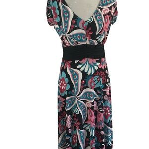 Jody California Retro Mod Floral Dress Size 9/10 V-Neck Empire Waist Midi Dress